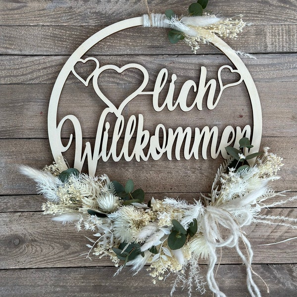 Holzhoop herzlich Willkommen mit Herz, Loop, Blumenkranz, Türschmuck, Wandschmuck, Holzring, Geschenk zum Geburtstag oder zum Einzug