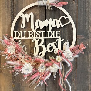 Wooden sign Mother's Day with dried flowers Mom, wreath rosa/weiß voll
