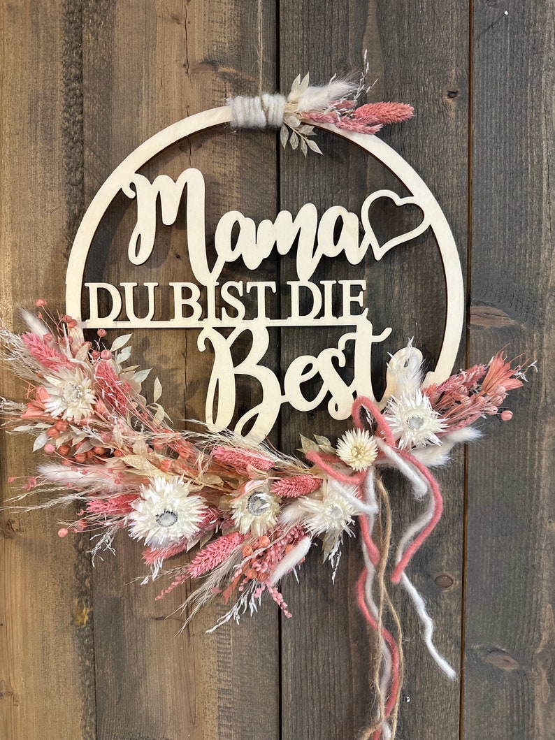 Wooden sign Mother's Day with dried flowers Mom, wreath rosa/weiß voll