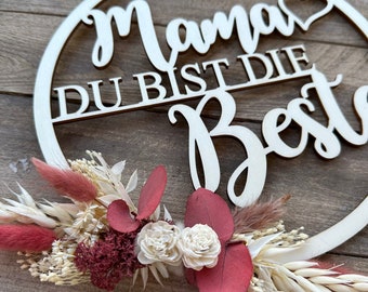 Holzschild Muttertag mit Trockenblumen Mama, Kranz