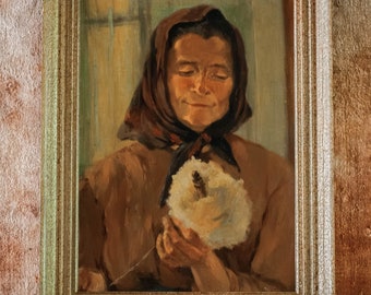 Peinture à l'huile ancienne, portrait de femme des années 1900 | peinture originale représentant une femme en train de filer | portrait vintage