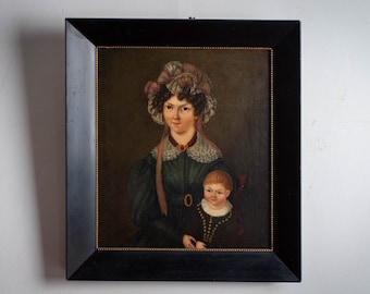 Antique portrait painting of a woman with child, dating c. 1820-1830 | original 19th century oil painting of a mother and child
