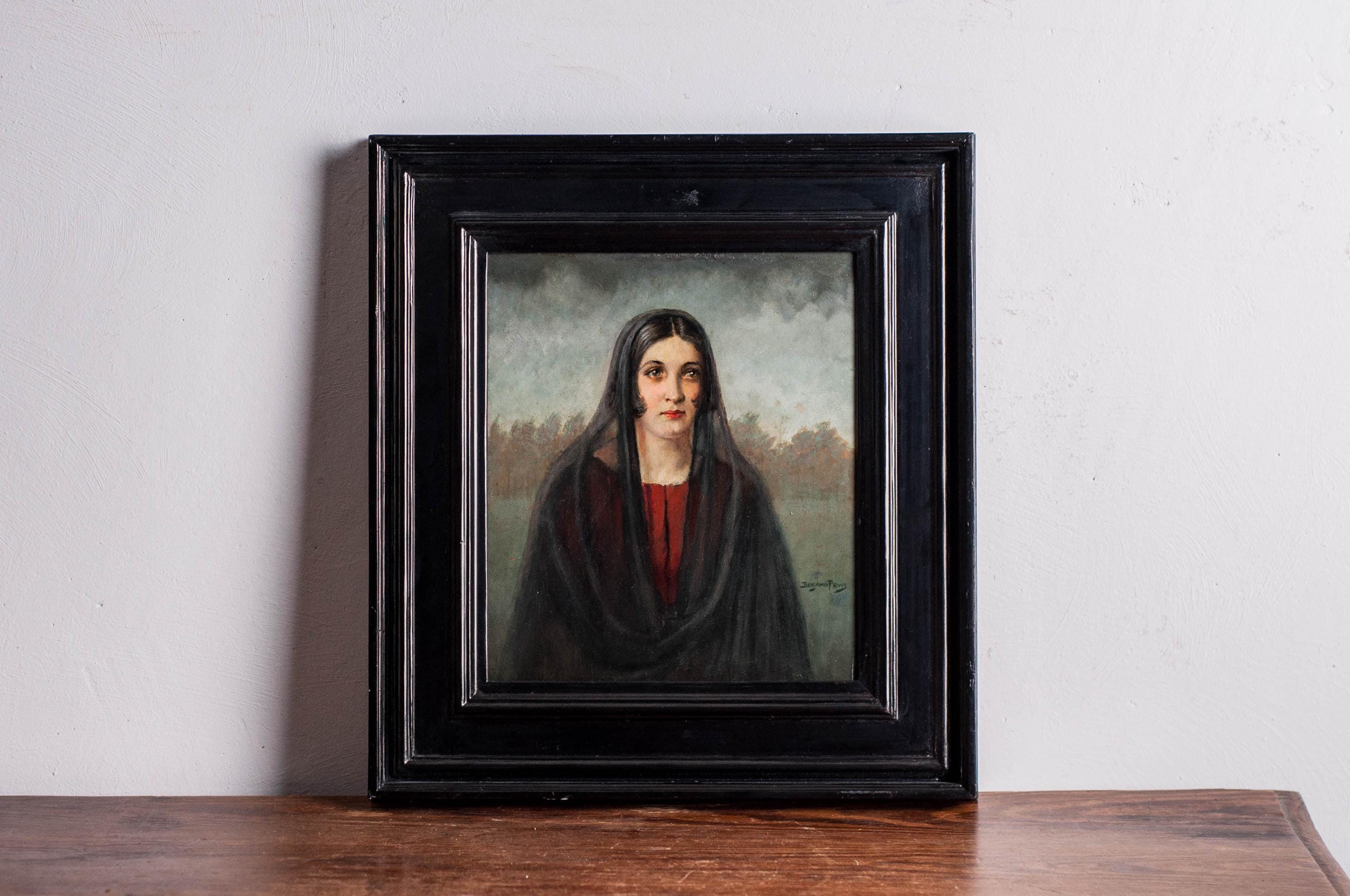 Original oil painting with the portrait of a woman in black veil | antique framed painting signed and dated Benjamin Prins 1928