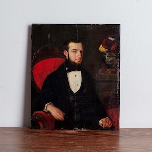Tableau ancien représentant un homme assis sur une chaise | peinture à l'huile originale d'un homme du 19ème siècle