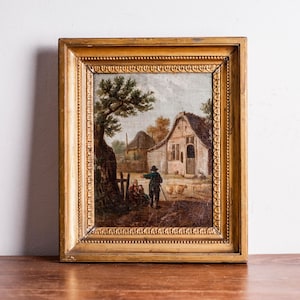 Antiek olieverfschilderij mit Herder und Schapen | pastorale Landschaft | Goud ingelijst schilderij trifft boerderij