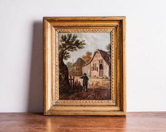 Antiek olieverfschilderij met herder en schapen | pastoraal landschap | goud ingelijst schilderij met boerderij