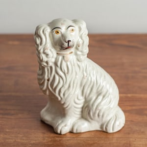 Antique white Staffordshire dog figurine | Victorian mantelpiece spaniel dog | King Charles spaniel wally dog