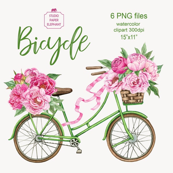 Watercolor Vintage bicycles clipart, peonies, grass, summertime. Scrapbook, tote-bag, invitations card, instant digital download PNG.