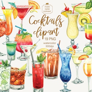 Clipart di cocktail ad acquerello. Clipart di bevande alcoliche, Menu del bar, Festa estiva, Dipinti a mano, Adesivi stampabili PNG - download digitale.
