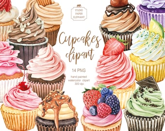 Watercolor Cupcakes Clipart: Wedding, Birthday (PNG, Instant Download)