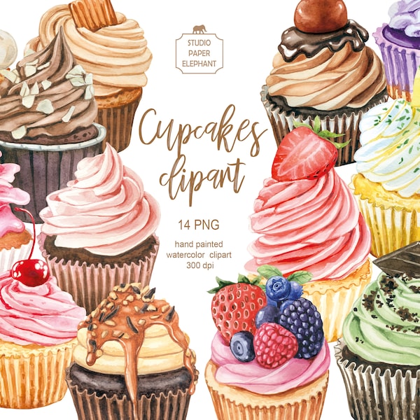 Watercolor cupcakes clipart, Wedding cupcakes, Birthday cupcakes,  Chocolate cupcakes, Berry cupcakes, instant download, PNG.