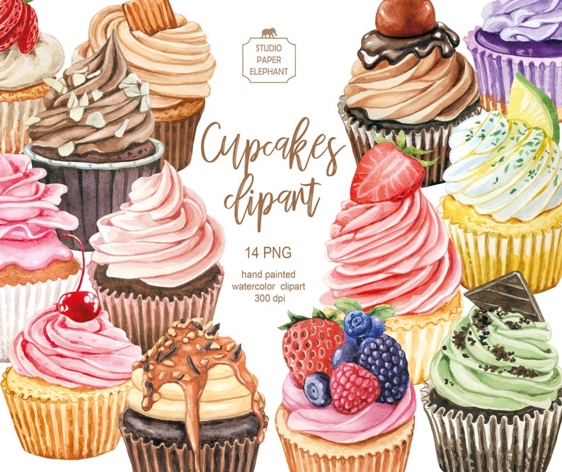 Watercolor Cupcakes Clipart: Wedding, Birthday (PNG, Instant Download ...