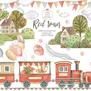 Aquarell roter Zug Kinder Clipart, Zug Clipart, Baby Junge, Baby Mädchen Geburtstagsparty, Baby-Dusche, Eisenbahn Clipart, PNG.