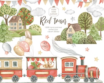 May include: A watercolor illustration of a red train with a white smoke plume, carrying presents and balloons. The train is surrounded by trees, houses, and stars. The text "Red train" is written in a whimsical font. The text "100% hand painted watercolor clipart 300dpi" is written below the train. The text "43 PNG" is written in a circle.