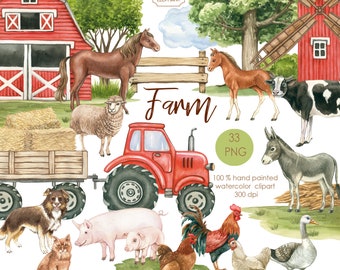 Watercolor Farm Clipart: Animals, Barn, Tractor (PNG Digital Download)