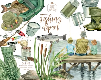 Watercolor fishing clipart, Fishing set, Fishing tackle, Father&#39;s Day, Fisherman&#39;s Day, PNG, instant download