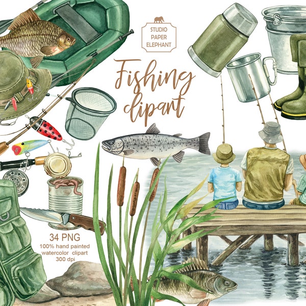 Watercolor fishing clipart, Fishing set, Fishing tackle, Father's Day, Fisherman's Day, PNG, instant download