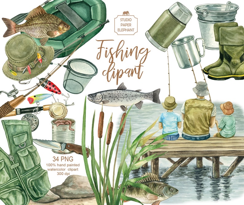 May include: A watercolor illustration set of fishing themed clipart. The set includes a fishing rod, a tackle box, a fishing net, a thermos, a fishing hat, a fish, a can of worms, a life vest, a knife, a fishing lure, a bucket, a pair of waders, two fishermen on a dock, and cattails.