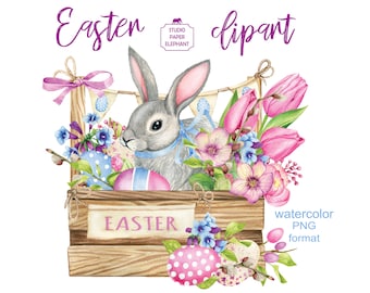 May include: Watercolor clipart featuring a gray bunny rabbit sitting in a wooden crate with the word "EASTER" on the front. The crate is filled with pink and blue Easter eggs, pink tulips, and other spring flowers. The image is in a watercolor PNG format.