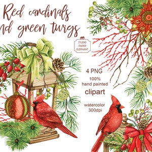 Aquarell Weihnachtskomposition mit roten Kardinälen, Weihnachts clipart, Rote Kardinäle Clipart, Weihnachts Sublimation, Weihnachtskarten, PNG
