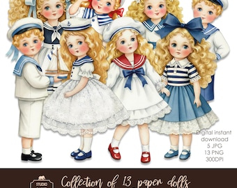 Little Sailors Paper Doll Set | 13 Little Sailors Printable for Junk Journals