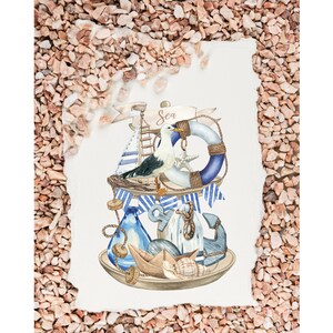 Clipart náutico de acuarela: Bandeja escalonada con decoración marina (PNG, descarga instantánea) imagen 2