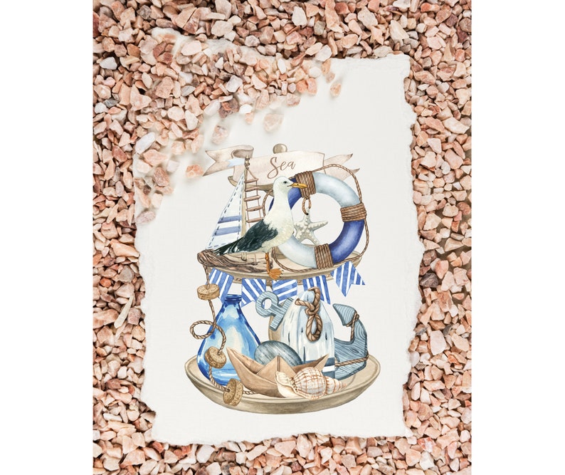 Clipart náutico de acuarela: Bandeja escalonada con decoración marina (PNG, descarga instantánea) imagen 2