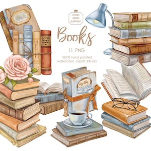 May include: Watercolour illustration of a set of 11 books, including a stack of vintage books, a stack of modern books, a book with the text "my life" on the cover, and an open book. The illustration also includes a lamp, a cup of coffee, and a rose.