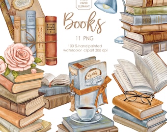 Watercolor Books Clipart, Stacks of Books, Reading PNG (Instant Download)