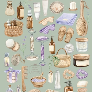 May include: A watercolour illustration of a spa day with various items including bath bombs, soaps, lotions, towels, a wooden comb, a wooden brush, a face roller, a bowl of bath salts, and a basket of lavender.