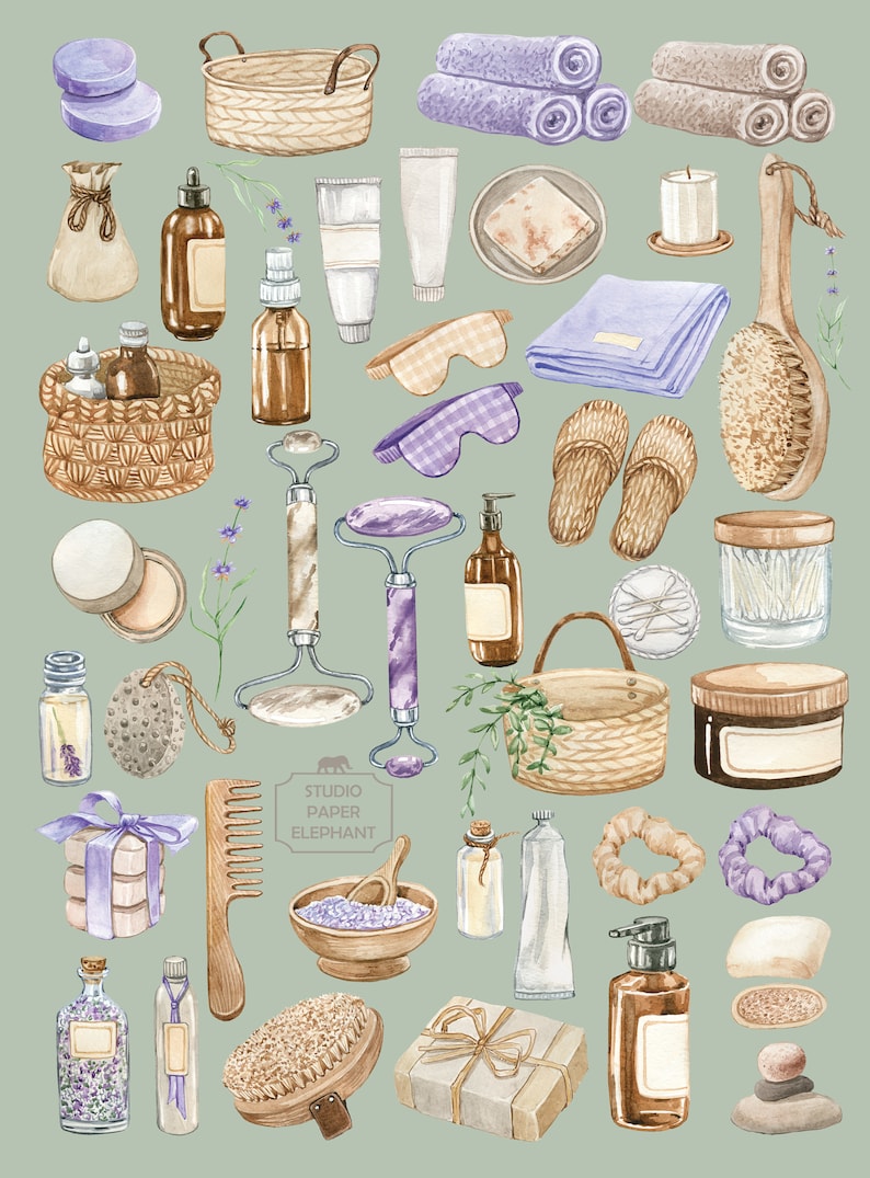 May include: A watercolour illustration of a spa day with various items including bath bombs, soaps, lotions, towels, a wooden comb, a wooden brush, a face roller, a bowl of bath salts, and a basket of lavender.