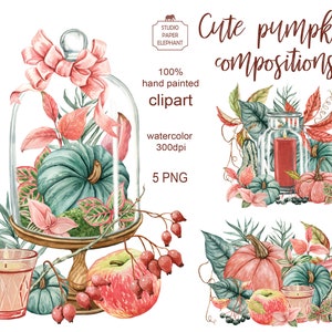Composições de abóbora em aquarela, clipart de abóbora, clipart de outono, clipart de jardim, clipart de Ação de Graças, scrapbooking, download instantâneo, PNG.