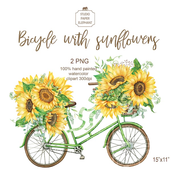 Watercolor Vintage bicycle with sunflowers, Bouquets of sunflowers, Summer clipart, PNG, instant download.