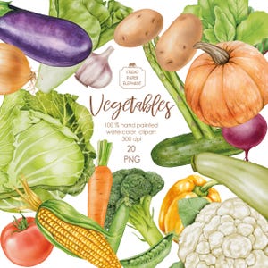Imágenes prediseñadas de verduras en acuarela, ilustraciones de verduras, verduras para scrapbooking, impresiones textiles de cocina, PNG, descarga instantánea