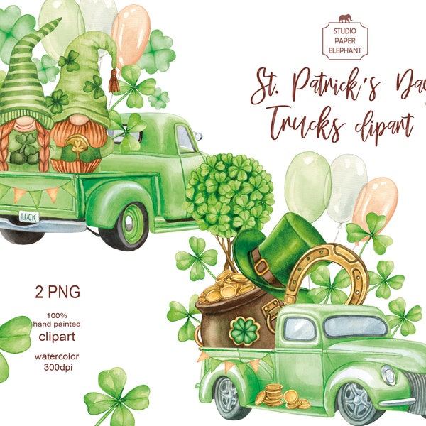 St. Patrick's Day Green Trucks Clipart, Gnomes on Green Trucks Clipart, St. Patrick's Day Lucky Arrangement, PNG, instant download.