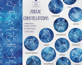 Aquarell Sternzeichen Konstellationen Clipart: Galaxy PNG Grafiken (digitaler Download)