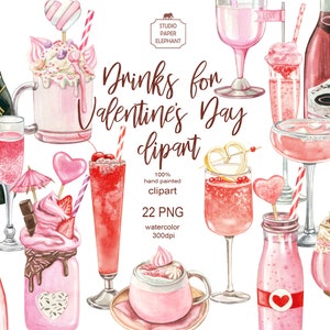 Bevande acquerellate per San Valentino, Cocktail alcolici per San Valentino, Frullati per San Valentino, Festa di San Valentino, download immediato