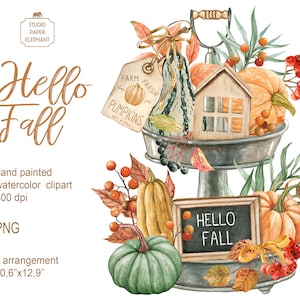 Clipart de decoração de outono em aquarela, outono aconchegante, arranjo de outono, decoração de outono de fazenda, decoração de casa retrô Rustik, PNG, download instantâneo.