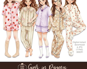 17 Watercolor Pajama Girls Paper Dolls clipart | Printable Teen Girls JPG | Scrapbook Ephemera for Junk Journal