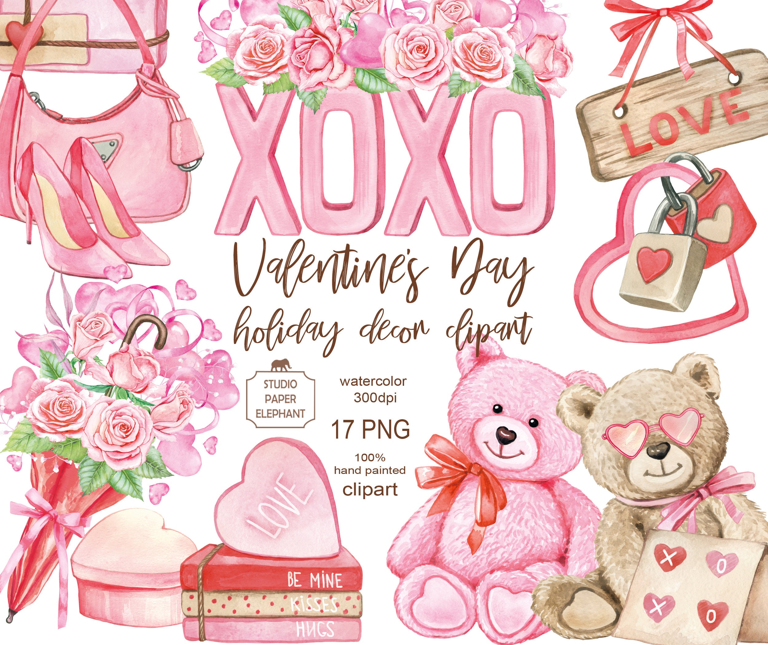 Watercolor Valentine's Day Clipart: Pink Roses, Bears, Hearts (PNG ...