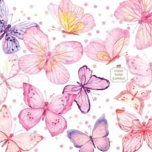 May include: A digital paper pack featuring watercolor illustrations of butterflies in various shades of pink, purple, and yellow. The butterflies are arranged in a random pattern on a white background with small pink polka dots.