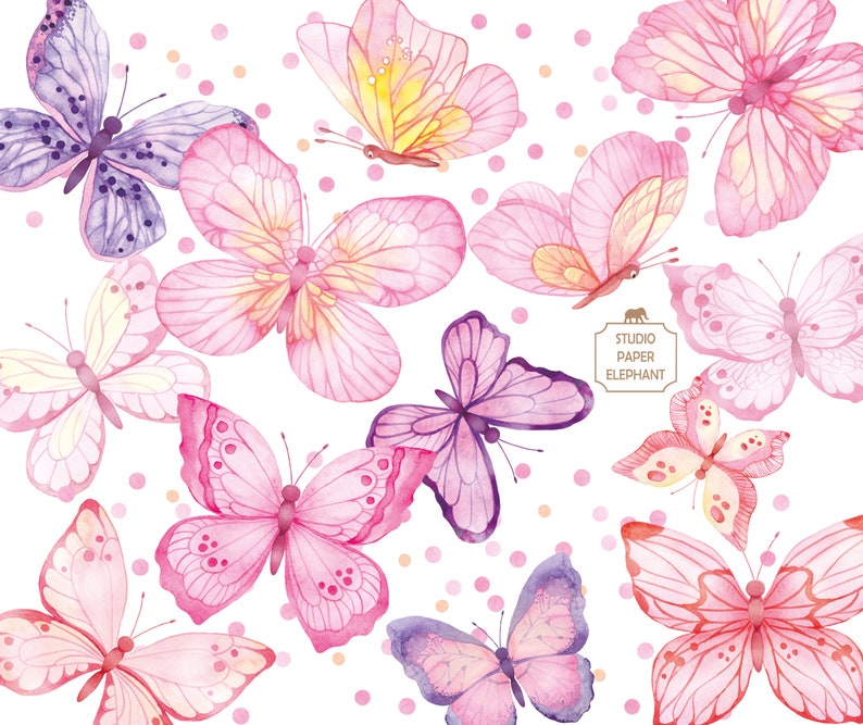 May include: A digital paper pack featuring watercolor illustrations of butterflies in various shades of pink, purple, and yellow. The butterflies are arranged in a random pattern on a white background with small pink polka dots.
