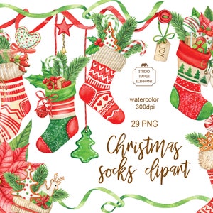 Aquarel kerstsokken clipart, kerstman clipart, kerstsokken met geschenken, stickers met kerstsokken, kerst clipart, PNG.