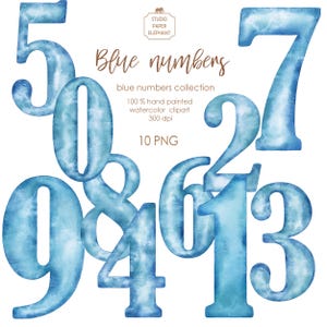 Watercolor blue numbers clipart,  Blue numbers collection, Happy birthday numbers, wedding invitation numbers, PNG, DIY