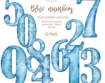Watercolor Blue Numbers Clipart: Birthday & Wedding DIY (PNG Digital Download)