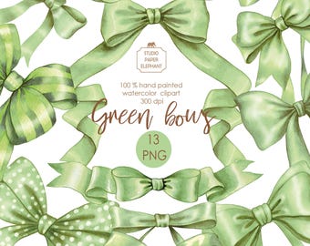 Watercolor Green Bows Clipart: Scrapbooking PNG (Digital Download)