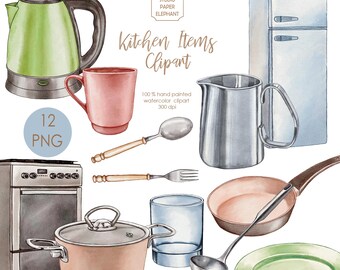 Watercolor Kitchen Items Clipart – Stove, Fridge, Plate, Cup, Glass, Spoon, Fork, PNG, instant download