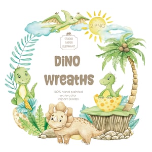 Aquarell Kränze mit niedlichen Dinosauriern Clipart, Dino Clipart, Geburtstag Dinosaurier, Babyparty niedliche Dinosaurier, Wandkunst Dinosaurier, PNG.