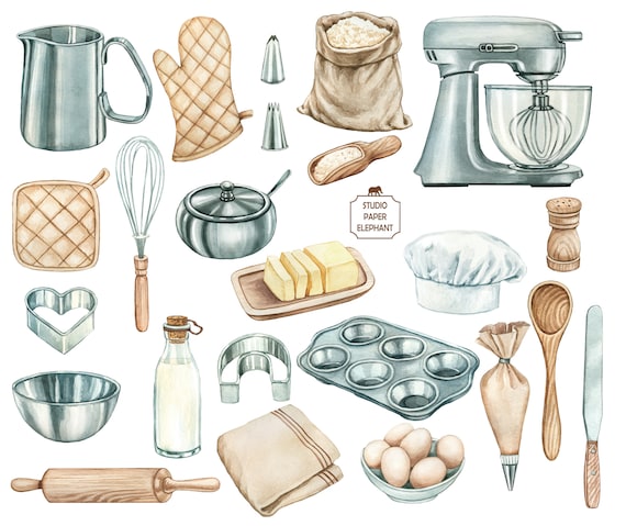 Watercolor Baking Supplies, Hand Painted Bakery Logo Design, Watercolor Home  Bakery Clipart, Wooden and Metal Kitchen Utensils, PNG. 
