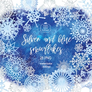 Aquarell Blau und Silber Schneeflocken, Schneeflocken Clipart, Weihnachtsdesign, Winter Design, Digitales Scrapbooking, direkter Download, PNG.